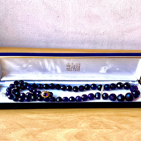 VINTAGE HUGE ROUND FACETED AMETHYST BEADS LONG NECKLACE  14K LOCK CABOCHON STONE - Picture 14 of 16